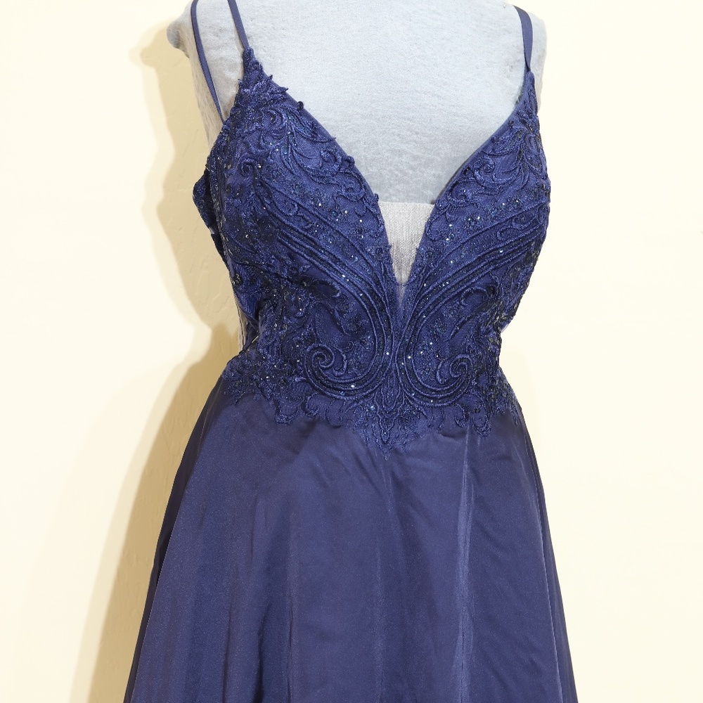ALYCE embellished bodice satin A-line dress in midnight size 18